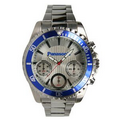 Men's Chronograph Bracelet Watch W/ Silver Dial & Blue Rotating Bezel